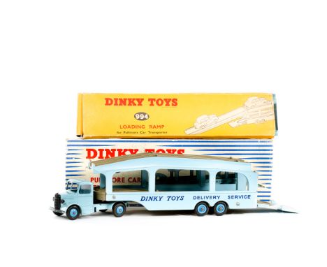 A Dinky Toys Pullmore Car Transporter (582). Car Transporter with light blue cab and trailer, fawn decks and blue wheels. Tog