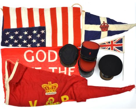 A KC officer’s peaked cap of the R Army Dental Corps, green headband, embroidered peak; 2 French kepis; a large scarlet trian