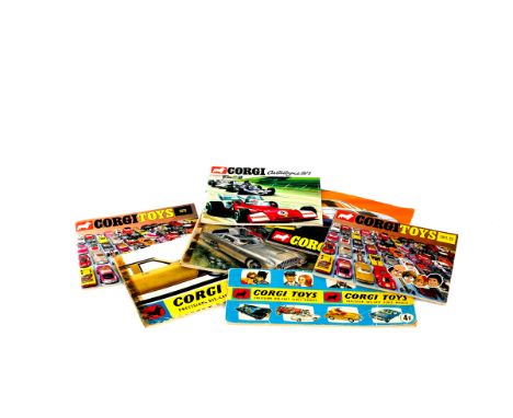 16 Corgi Toys catalogues and a Corgi Model Club Badge. Examples include; 1966 (long format), 1966, 1967/68, 1969, 1970, 1971/