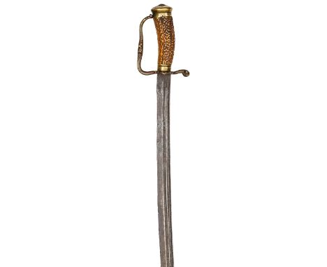 An 18th century continental hunting hanger,  slightly curved blade 23”, with twin back fullers, brass hilt with stylized cros