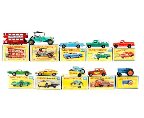  13 Matchbox vehicles. 3x Matchbox Series; Ford Kennel Truck (50c), Jeep Gladiator Pick-Up Truck (71b) and Fordson Tractor (7