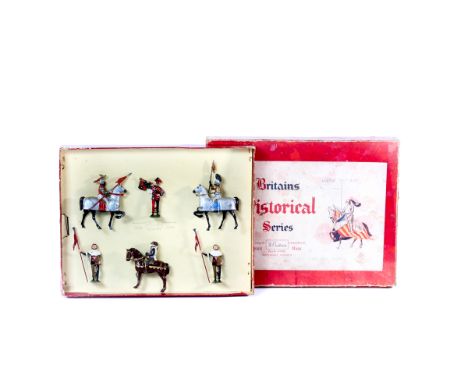 Britains Knights in Armour with Squires, Herald and Marshal, Set No.1258. c.1950's - Six Renaissance figures ready for a Jous