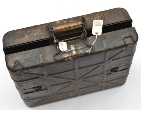 A WWII German steel carrying case for 15 stick grenades, the inside with clear Waffenamt mark and paper label for “15 Nebelha