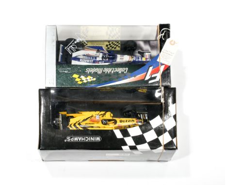 2 limited issue 1:18 scale racing cars. A Minichamps 1:18 Jordan Honda F1 racing car in yellow/black livery, RN9 Damon Hill, 