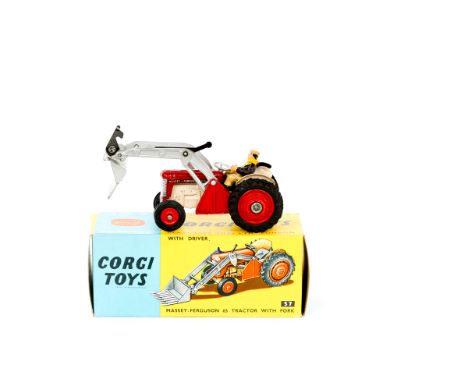 A Corgi Toys Massey-Ferguson 65 Tractor with Fork (57). An example with red body, cream mud guards, red plastic wheels and dr