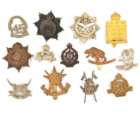 12 Indian headdress badges, WWII 45th and 48th cavalry, Dehra Dun Contingent, Geo V Medical Dept, IASC and RAISC, gilt Ordnan