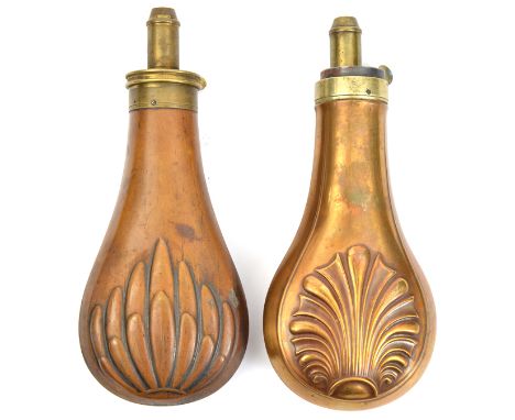 A gun size embossed copper powder flask “Bush” (R366), the patent top stamped “Patent”; and another, “Shell” (R359) with comm