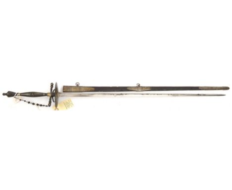 An 18th century mourning sword,  shallow diamond section blade 28”, darkened steel hilt with studded rosettes to ovoid guard,