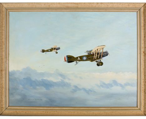 An oil painting on board of two Bristol Fighters by Barry Barnes (member of the Guild of Aviation Artists). Showing the two a