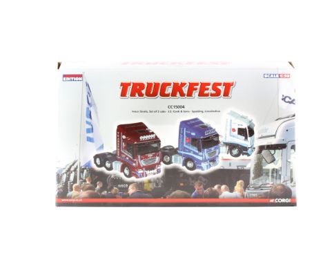 A Corgi TRUCKFEST 3-Vehicle Set CC15004. 3 Iveco Stralis 3-axle Tractor Units. In 3 liveries - predominately red, white and b