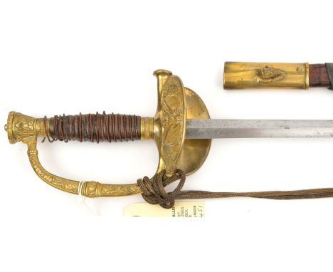 A 19th century continental naval officer’s dress sword, plain shallow diamond section blade 28”, gilt brass hilt with double 