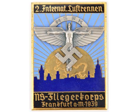 A Third Reich NSFK single sided rectangular gilt and enamel plaque, 2¼” x 3½”, with superimposed oxidised silver NSFK symbol 