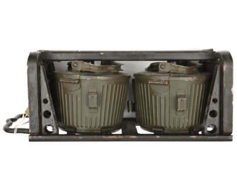 A pair of WWII German drum magazines for the MG34 Light Machine Gun, the lids with maker’s code “h.q.u. 43”, in their carryin