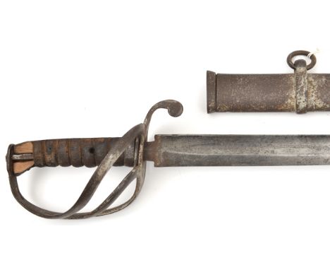 An 1821 pattern light cavalry trooper’s sword,  in scabbard. QGC (backstrap/pommel missing, worn/rusted overall).            