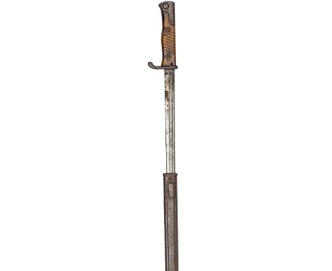 A M1898 Seitengewehr bayonet, crown/Erfurt stamp at forte, wooden grips, crossguard stamped “2.G.G.1.182”, in its all steel s