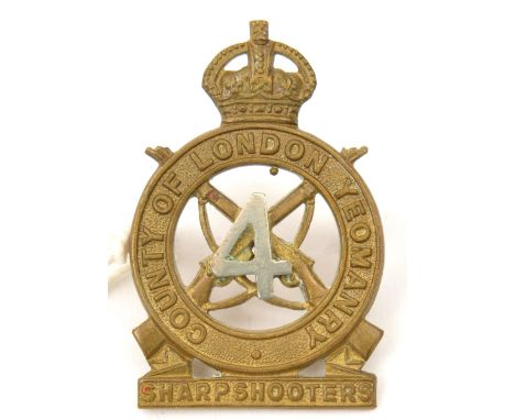 An officer’s cap badge of the 4th County of London Yeomanry, by J R Gaunt London. Basically GC (tarnished)                   