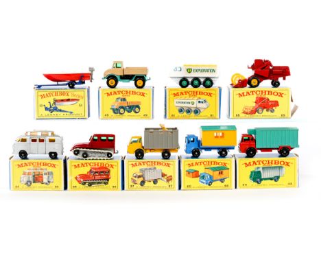  9 Matchbox 1-75 Series vehicles. Volkswagen Camper (34c). Snow-Trac (35b). Dodge Cattle Truck (37c). GMC Refrigerator Truck 