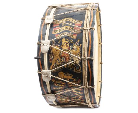 A Geo VI painted wooden bass drum of the 4th Bn The King’s Own Royal Regt (Lancaster) with regimental title scrolls/ R Arms a