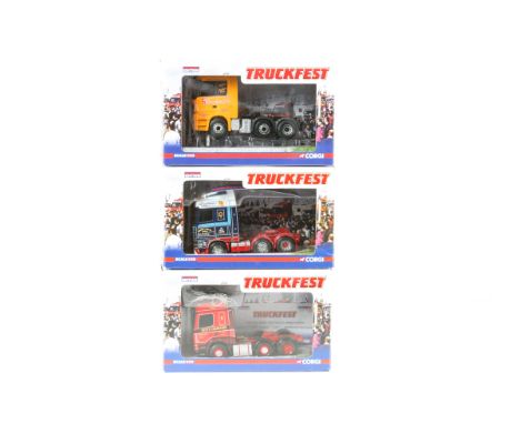 3 Corgi TRUCKFEST Tractor Units. DAF XF Space Cab - Robert Laidlaw CC13220. Mercedes-Benz Actros Megaspace - Jack Richards & 