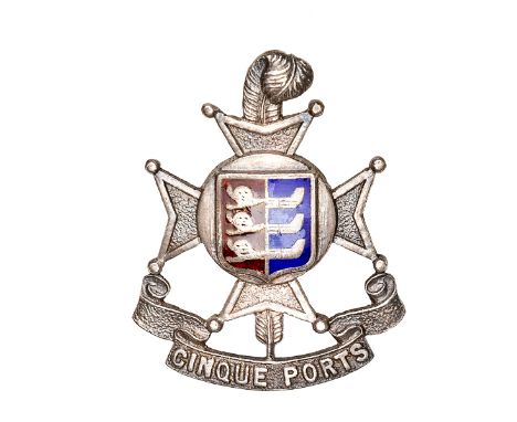 An officer’s silver plated cap badge of the 5th (Cinque Ports) Bn R Sussex Regt, blue and red enamelled centre. Near VGC Plat