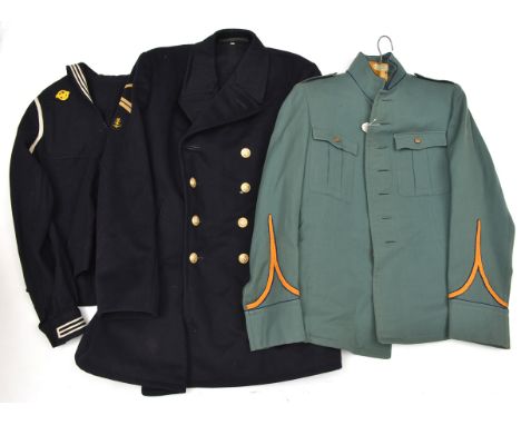 A WWII Dutch Army Air Service sergeants blue/green 2 pocket tunic, long gilt lace inverted chevrons to sleeves, bronzed butto