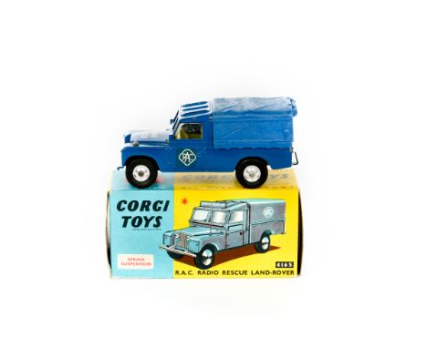 A Corgi Toys Land Rover (416S). An RAC Radio Rescue Land Rover in blue with plastic canopy. Yellow interior. Boxed, a good us