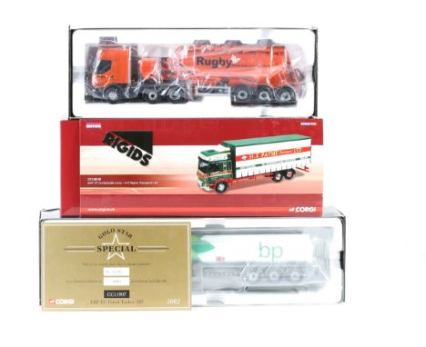 3 Corgi Trucks. ERF EC Petrol Tanker - BP CC11907. Renault Premium Feldbinder Tanker - Rugby Cement CC12105. DAF CF Curtainsi