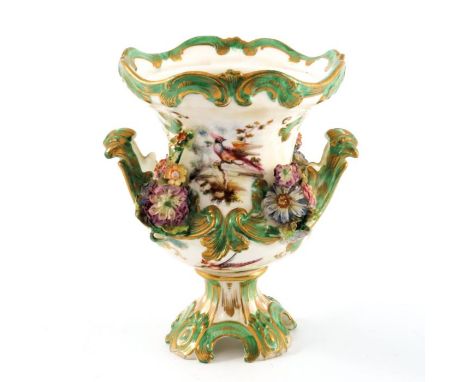 A Coalport florally encrusted Campana urn vase, circa 1830, twin handled, relief moulded with foliate scrolls and floral garl