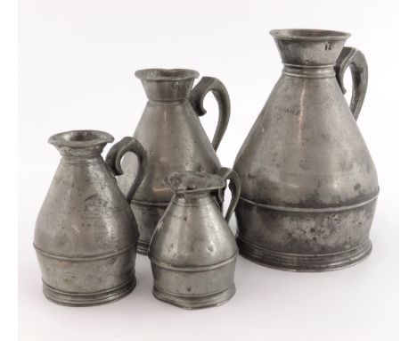 A set of four Irish pewter haystack measures by Austin of Cork, worked from 1823, 1 quart to noggin, with a reproduction 1/2 