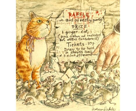 Graham Oakley (British, 1929), 'Raffle...Prize...One Ginger Cat...', an illustration for 'The Church Mice at Christmas', sign