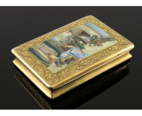 An 18k gold Continental snuff box, of rectangular form, the cover with inset enamelled plaque of figures playing a board game