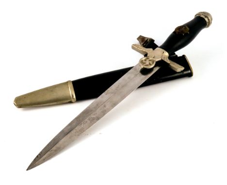 Third Reich German Enlisted Rank's dagger, housed in black metal scabbard with hanging strap, white metal mounted hilt with w