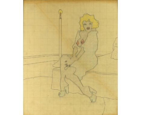 Duggie Fields (British, 1945-2021), portrait of Marilyn, nude full length seated beside a floor lamp, pencil on graph paper, 
