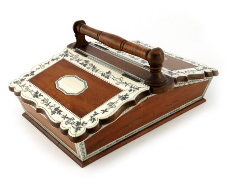 A 19th century Anglo Indian satinwood and ivory sewing box, of basket trough form with twin hinged lids, ogee bordered and ca