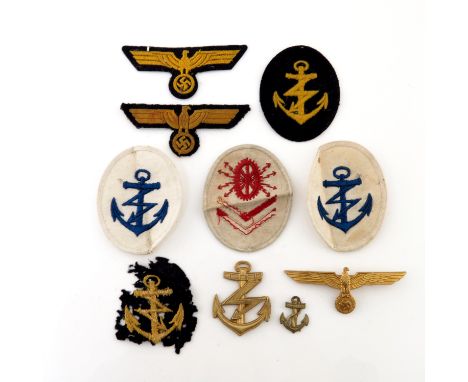 Four World War Two German Kriegsmarine NCO radio operator's sleeve trade patches, two for white uniform, a Kriegsmarine elect