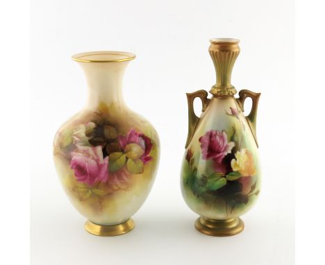 R Austin for Royal Worcester, two rose painted vases, 1909 and 1923, one of shouldered form, the other twin handled bulbous f