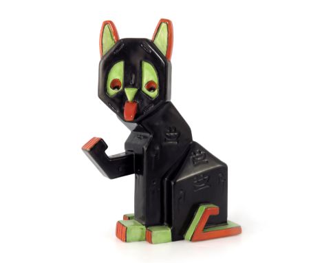 Louis Wain for Amphora, a large Cubist pottery Lucky Futurist Cat spill vase, circa 1915, modelled with one paw raised, tongu