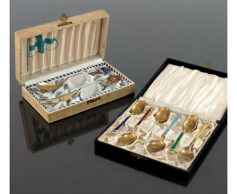 A Harlequin set of six silver gilt and enamel coffee spoons, David Andersen, circa 1920s, together with a cased Swedish souve