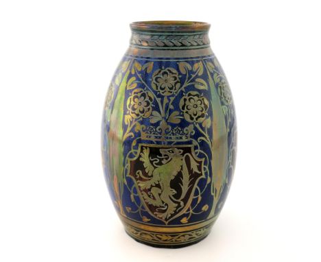 William S Mycock for Pilkington, a Royal Lancastrian heraldic lustre vase, 1920, ovoid form, painted with four red shield coa