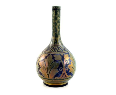 William S Mycock for Pilkington, a small Royal Lancastrian lustre vase, 1924, globe and shaft bottle form, painted with a ban