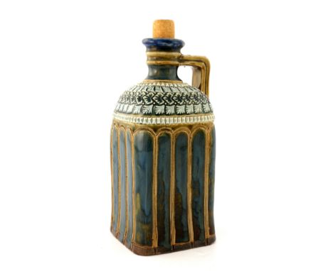 Doulton Lambeth, a stoneware brandy flask, circa 1880, square section shouldered form with angled strap handle, decorated wit