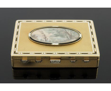 An 18ct gold pill box, of rectangular form with engine engraving, the cover with an inset painted river landscape with figure