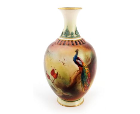 Attributed to R Austin for Royal Worcester, a miniature painted Peacock vase, 1908, ovoid and trumpet form, the neck with rel