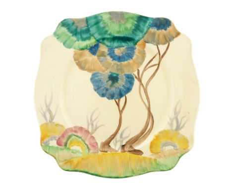 Clarice Cliff for Newport Pottery, a Viscaria plate, ogee serpentine square form, Bizarre and Wilkinson marks, 25cm diameter