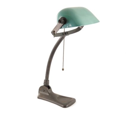 An Art Deco Lux and Wedgwood banker's desk lamp, of industrial form, the curved tubular steel arm, adjustable at the base, su