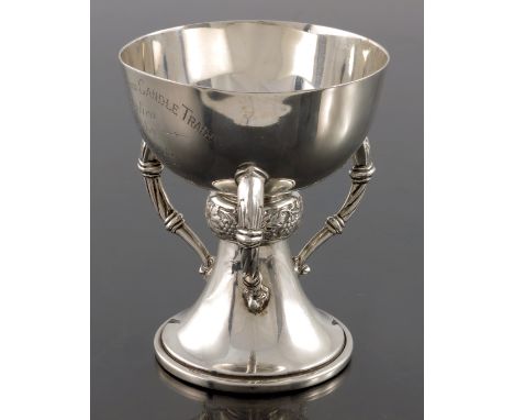 A George VI Irish silver three handled chalice of tyg cup, West and Son, Dublin 1951, pedestal chalice form, with three Celti