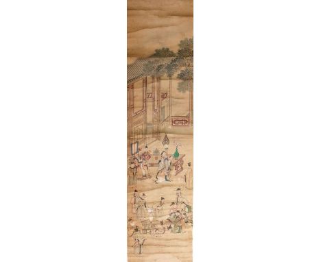 China (19th century), Chinese Scroll painting of an emperor and his entourage conducting daily chores and rituals, Qing dynas