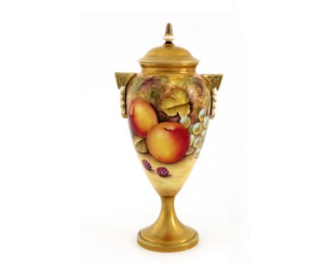 R Price for Royal Worcester, a fruit painted pedestal vase and cover, circa 1955, tapered ovoid  form, domed gilded lid and f