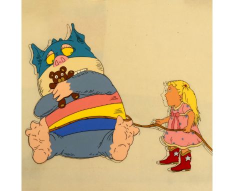 A collection of various cartoon cels, including a young girl and monster with teddy bear plus a preparatory drawing. 26 by 22