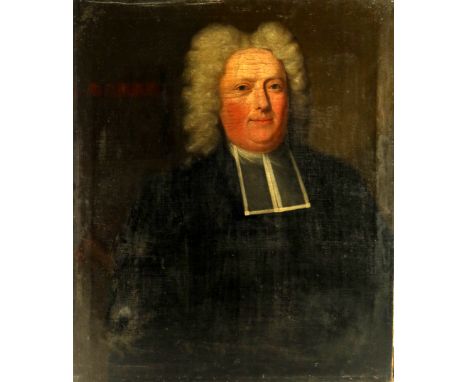 British School, mid 18th Century, portrait of a Cleric, half length wearing a powdered wig, a black robe and a falling band, 